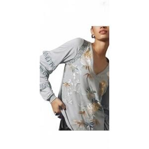 Anthropologie Tiny Frances Long-Sleeve Ruffled Top Embroidered Slate XS $118